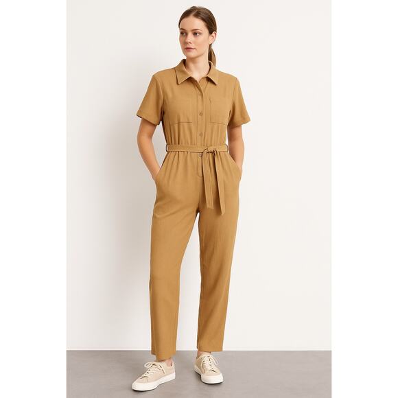 Trendy Shein Tan Utility Jumpsuit Short Sleeve Belted One Piece Women’s XL - Picture 1 of 10